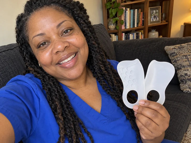 AI-generated person holding TrendDaily half-length arch support inserts